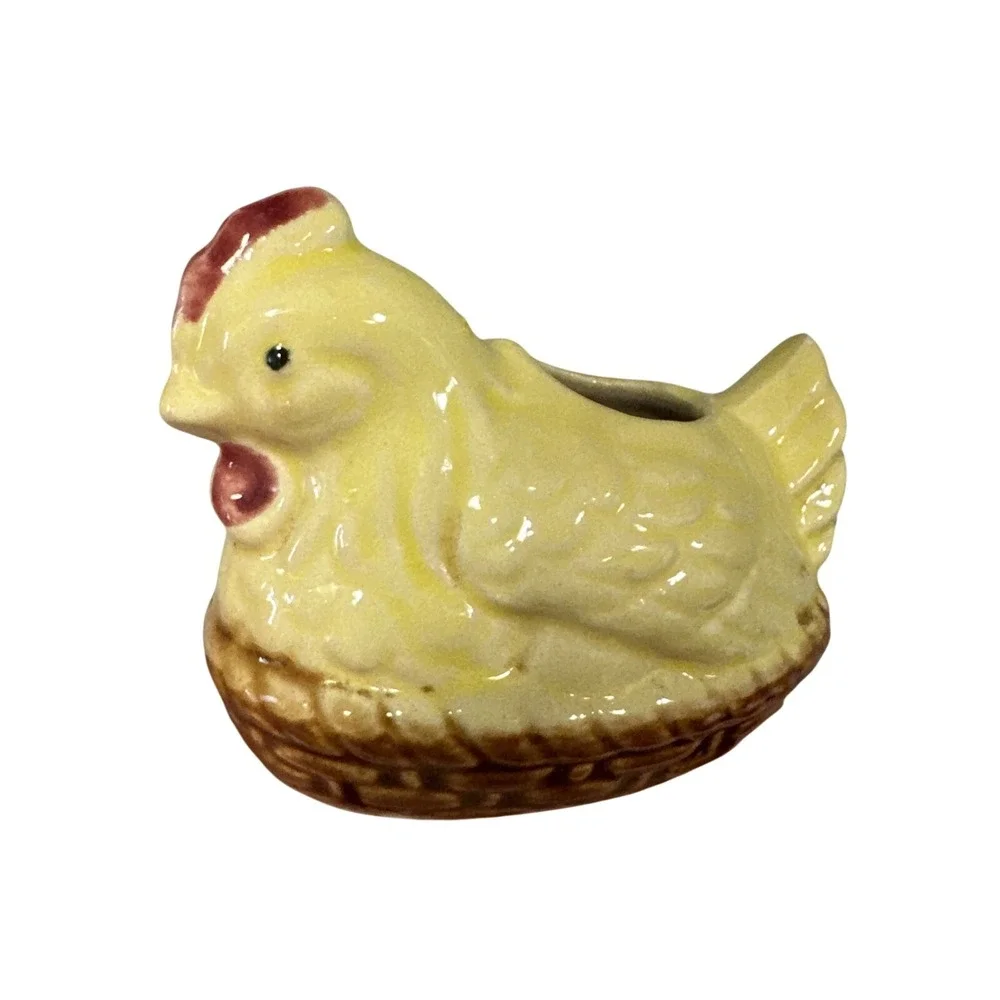 Vintage Japan Yellow‎ Chicken Toothpick Holder Hen on Nest Farmhouse